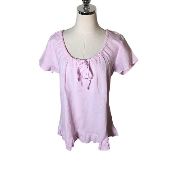 Russ Berens Top Women's Size Large Pink 100% Linen Short Sleeve Drawstring Neck - Picture 1 of 6
